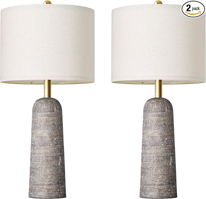 BOBOMOMO 27.25" Modern Table Lamp Set of 2, Light Grey Resin Table Lamps with Stone Look, Lamps for Living Room with Linen Shades, Bedroom Nightstand Lamps, Table Lamps for Living Room End Tables