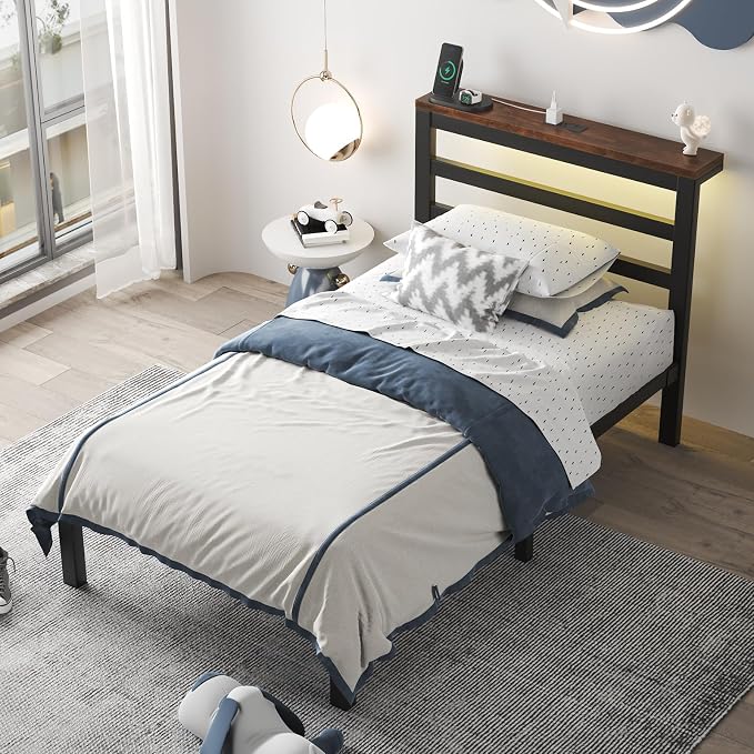 LOEWAY Twin Size Metal Bed Frame with Storage Headboard & LED Lights, Black | Built-In Charging Station, Under-Bed Storage, Heavy Duty Metal Slats, No Box Spring Needed, Solid and Stable, Easy Assembly