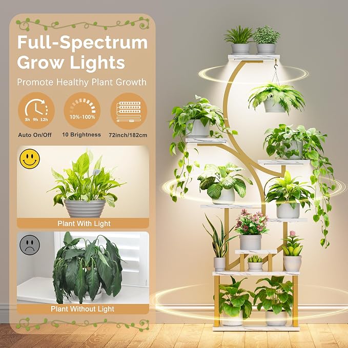 BACEKOLL Plant Stand Indoor with Grow Light, 8 Tier Corner Plant Shelf Tall | 62" Lighted Flower Holder for Plant Multiple, Space-Saving Beautiful Display Growing Rack for Home, Sturdy Metal, Faux Marble