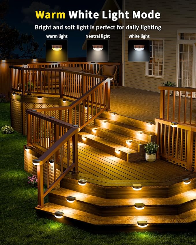 Solar Deck Lights Outdoor 12 Pack, 12 Color Changing Solar Powered Step Lighting with Remote, IP67 Waterproof Led RGB Colors Lamp for Outside Fence, Step, Stair Railing, Wall, Patio, Pool