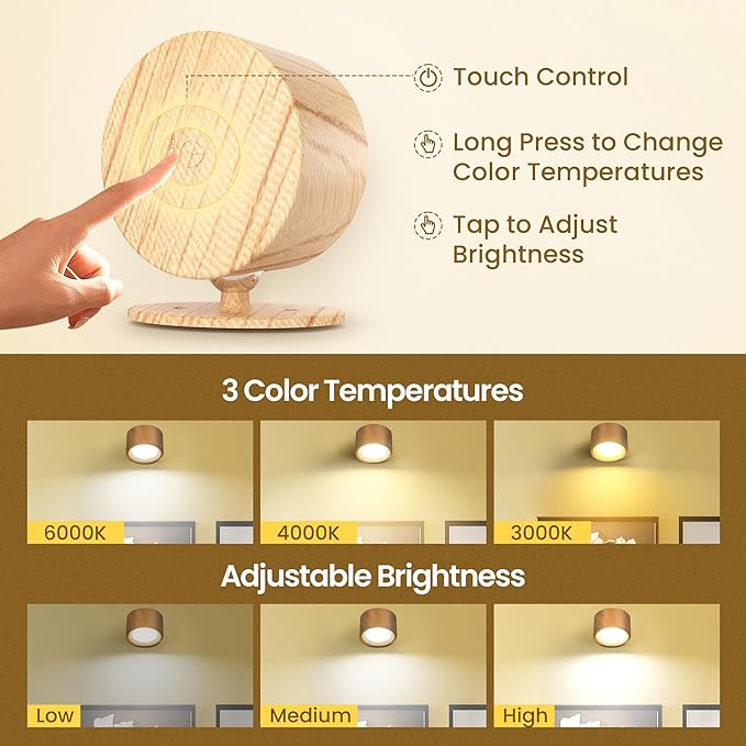 Wall Mounted Lamp LED Wall Lights with Rechargeable Battery Operated, 3 Color Temperatures & 3 Brightness Levels 360°Rotate Magnetic Ball, Cordless Sconces for Bedroom Reading Bedside,Wood-2 Pack
