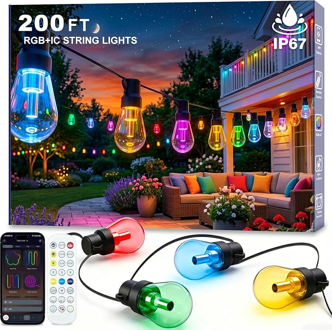 Beizelte Outdoor String Lights, 200FT RGB+IC Outside Light Dimmable Shatterproof LED Bulbs, IP67 Waterproof Chasing Effect Lighting DreamColor Patio Strip Lights for Backyard, Balcony, Outdoor Living
