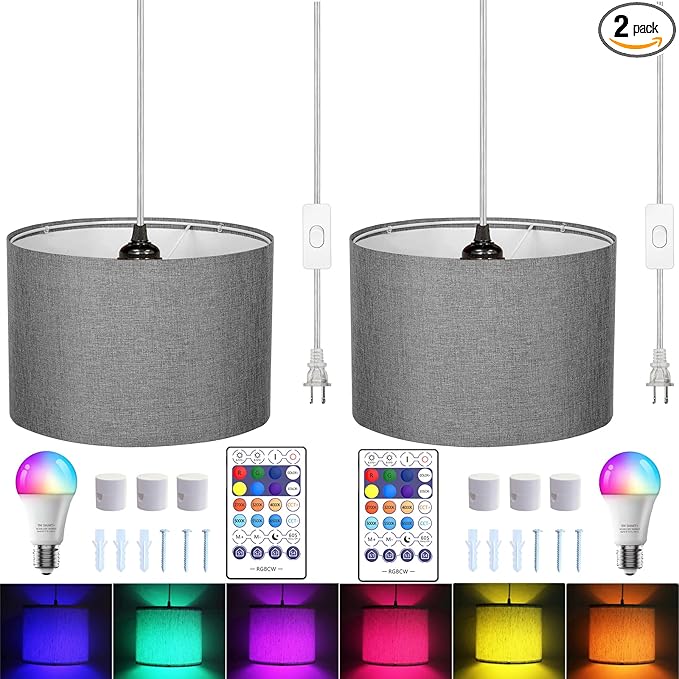 15FT Plug in Pendant Light with Switch,Hanging Lamp with Plug in Cord, Hanging Light Pendant Lamp with Remote Control，Pendant Light Fixture for Living Room Bedroom Farmhouse (Grey x2)