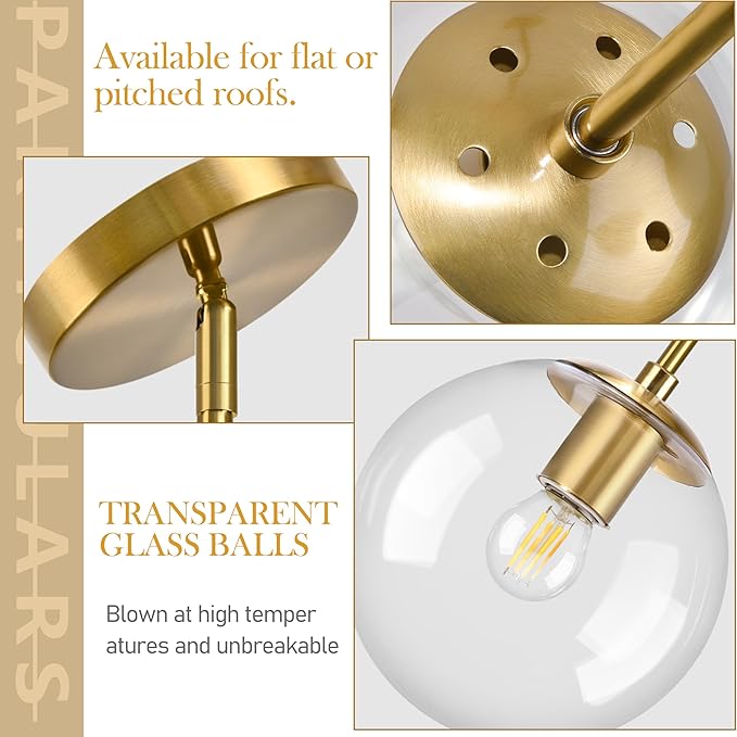 8" Globe Pendant Light Gold 2 Pack Mid Century Pendant Light Globe Pendant Lights Kitchen Island Brushed Brass Finished with Clear Glass Adjustable Ceiling Light Fixtures for Dining Room Bar
