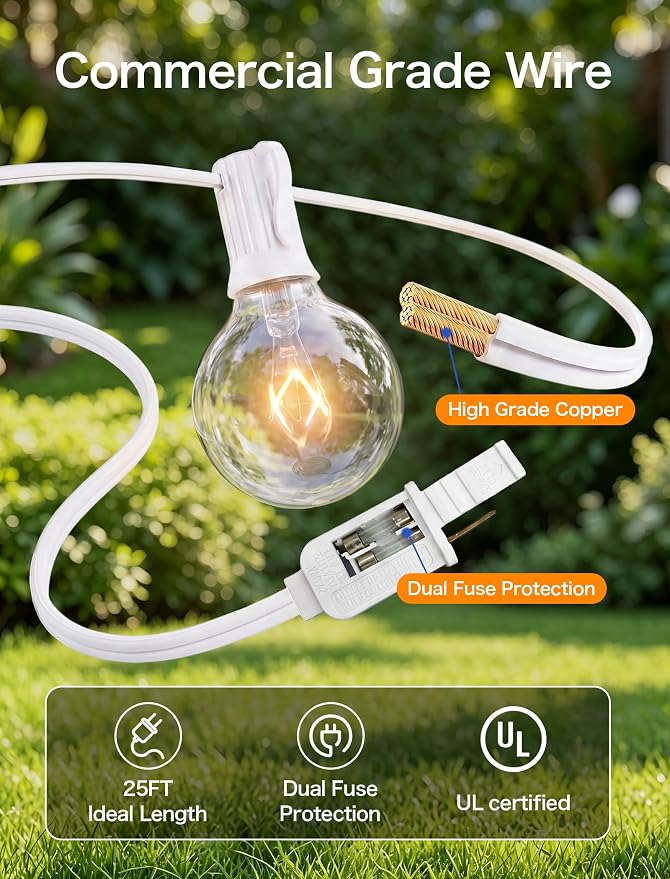 25FT Outdoor White String Lights with 27 G40 Clear Bulbs | Globe Patio String Lights for Indoor/Outdoor, Connectable Hanging Lights for Backyard Porch Balcony Party Decor - White Wire