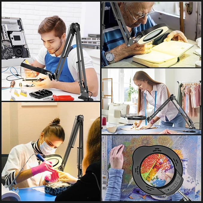 Magnifying Glass with Light and Clamp, 15X 10X Desk Magnifying Lamp, 84 LED Real Glass Lens Magnifier, 5 Color Modes Stepless Dimmable, Adjustable Hands Free Table Lamp for Repair Crafts Hobby Sewing