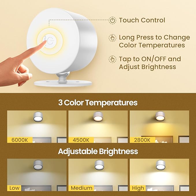 LED Wall Mounted Lamps, Battery Operated Rechargeable Wall Lights, 3CCT & Dimmable, 360°Rotation with Magnetic Ball, Cordless Wall Sconces for Picture Bedside Bedroom Reading, White-2 Pack