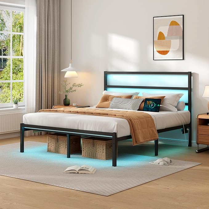 CLIBFENG Queen Bed Frame with Headboard,Heavy Duty Steel Slats Support-LED Bed Frame with USB Charging Station,Mattress Foundation-Under Bed Storage,No Box Spring Needed,Noise Free，Black