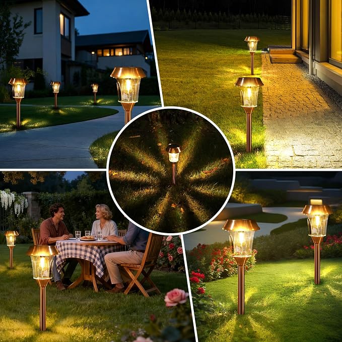 Solar Pathway Lights Outdoor, Landscape Lighting 4 Pack | Stainless Steel & Glas, 12-25 LM Dimmable, Auto On/Off, IP65 Waterproof, Outdoor Lights for Yard, Lawn, Walkway, Driveway