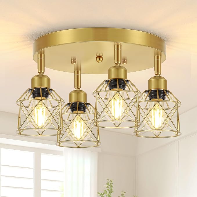 Baocuz 4-Light Brushed Gold Kitchen Light Fixtures Ceiling Mount, Adjustable Flush Mount Ceiling Light, Farmhouse Close to Multi-Directional Lamp for Kitchen, Hallway, Dining Room
