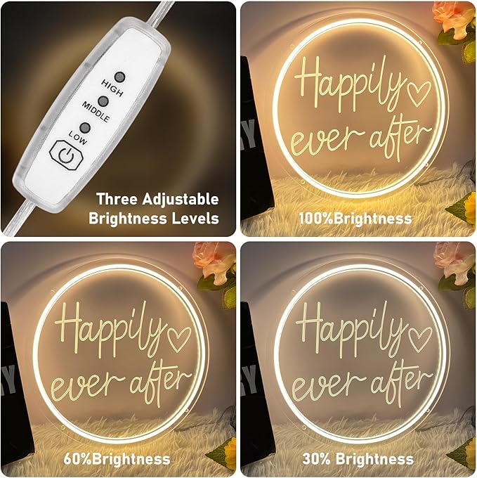 Happily Ever After Neon Sign Dimmable LED Neon Lights Sign for Wall Decor USB Powered LED Sign for Wedding Anniversary Valentine's Celebrations Bedroom Art Sign Decorations 30CM*30CM