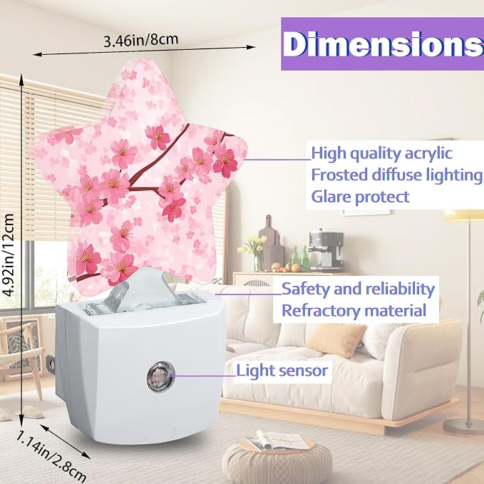 Energy Efficient Nightlights Plug in Wall, Pink Flowers Night Light for Kids Bedroom Decorative, Spring Floral Dusk-to-Dawn Sensor Sleep Friendly Lamp for Nursery Bathroom Basement