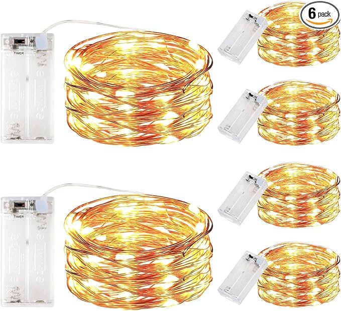 6 Pack LED Fairy String Lights Battery Operated with Timer | 10Ft 30LEDs Battery Powered Copper Wire Mini Firefly Twinkle Lights for Bedroom, Christmas, Wedding, Party Decoration