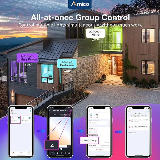 Amico 6 Pack 6 Inch Smart LED Recessed Lighting, WiFi Canless Downlight with Junction Box, RGB & 2700-6500K Color Changing, 12W=110W 1000LM, Voice&Remote&Group Control