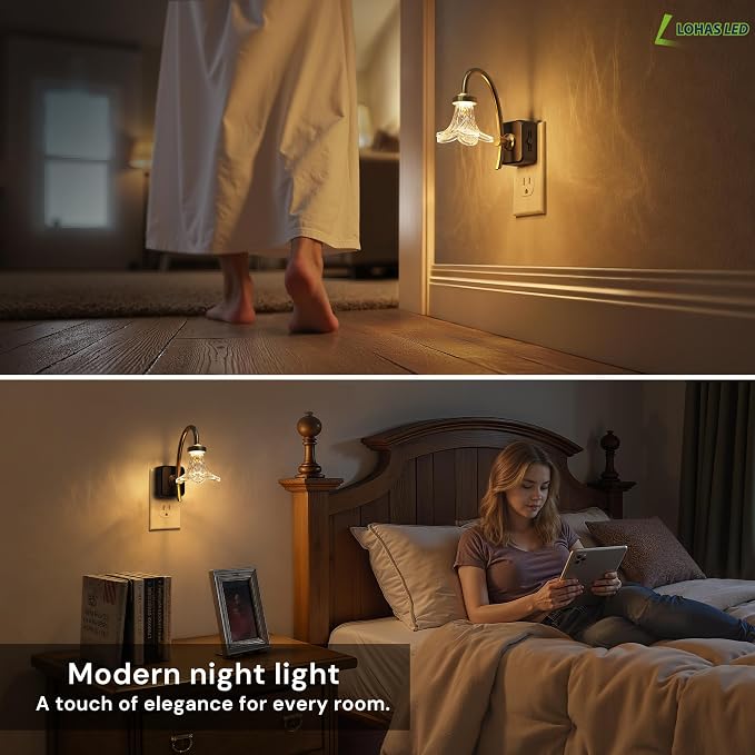 L LOHAS LED 2 Pack Night Lights Plug into Wall, 3000K Soft White | Morning Glory Floral Nightlight with Dusk to Dawn Sensor, 0-100lm Adjustable Brightness, for Hallway Bedroom Stairway