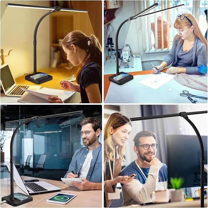 ShineTech LED Desk Lamp, 24W Double Head Desk Light with Wireless Charging | 25 Lighting Modes, USB Port, Dual Swing Arm, Eye-Caring, Auto-Off Timer & Memory Function, for Home Office Dorm Piano Nail