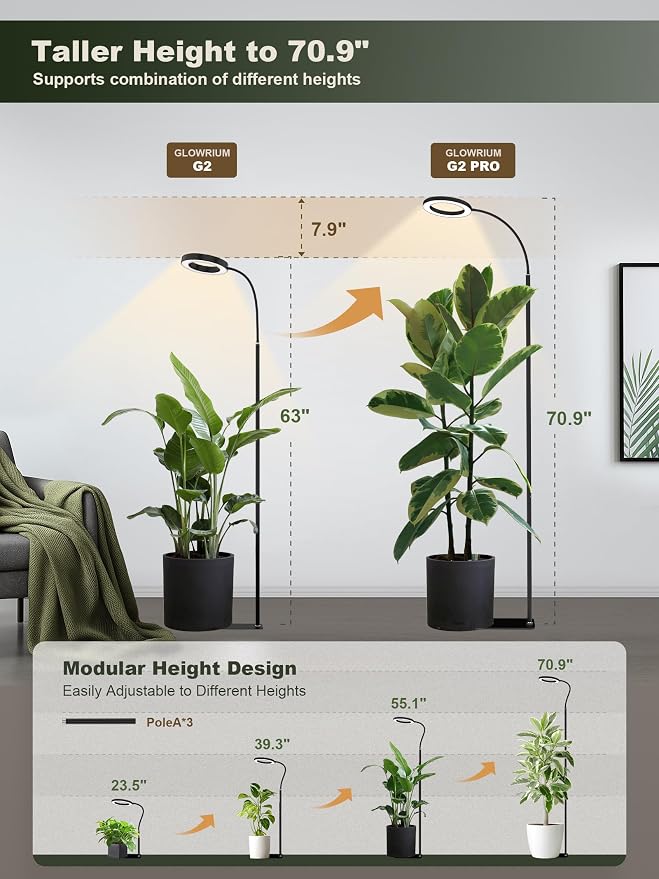 Tall Plant Grow Light for Indoor Plants, Full Spectrum Plant Light | 24W LED Grow Lamp with Single Heads, 23.5-71" Adjustable Height, 3/9/12/16H Timer, 6-Level Dimming for Large Houseplants