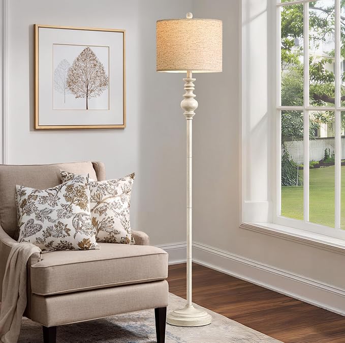 BOBOMOMO 64.25" Farmhouse Floor Lamp for Living Room Bedroom, Tall Antique White Standing Lamp with Rotary Switch, Vintage Corner Floor Lamp for Living Room & Office, Rustic Home Decor