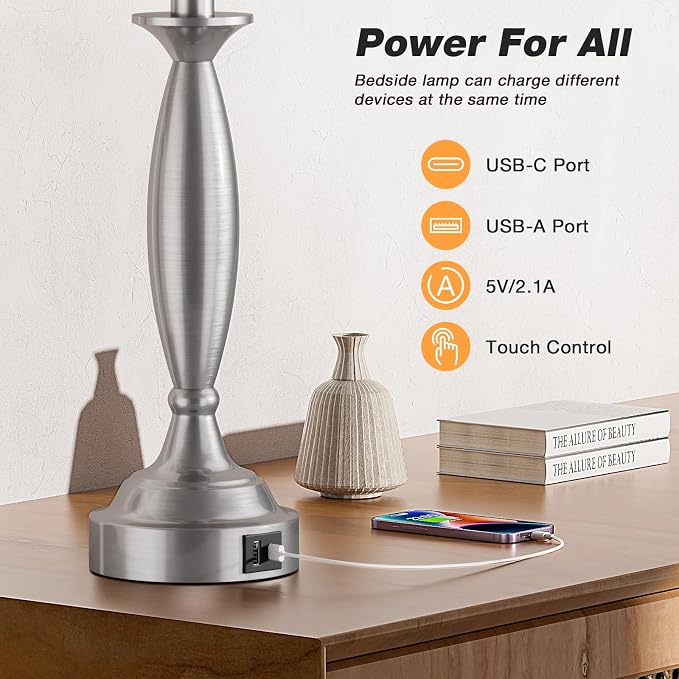 Bedroom Lamps for Nightstand, 3 Way Dimmable Silver Bedside Lamps with USB | Touch, USB C+A Ports, Bulb Included, Gray Shade, Silver, Chrome, Bed Side lamps for Night Stands, Living Room