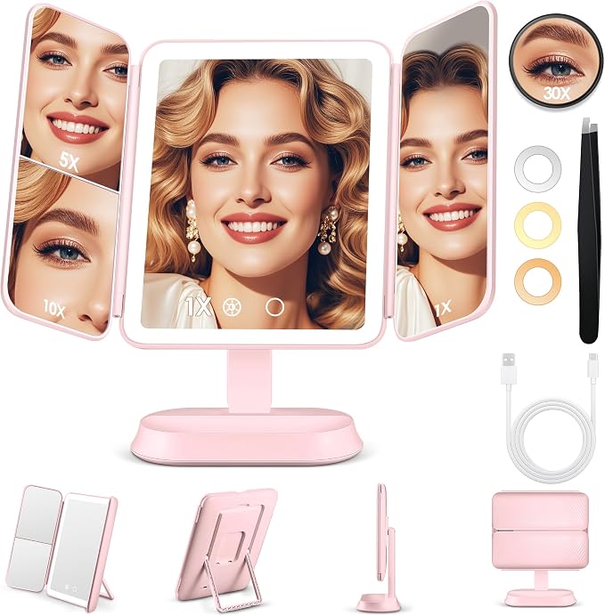 Makeup Mirror with Lights and 30X/10X/5X Magnification, Vanity Mirror with 3 Color Lights, Rechargeable, Detachable, Lighted Makeup Mirror with Magnification, Trifold Mirror, Gifts for Women