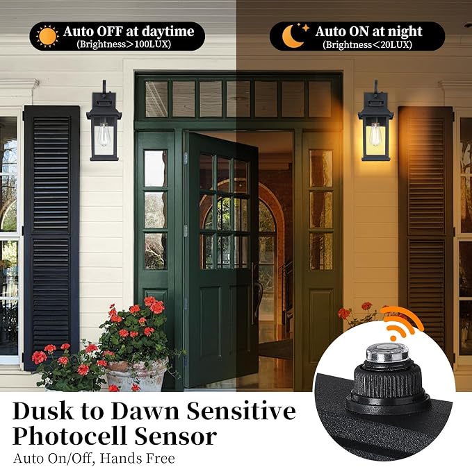 Dusk to Dawn Porch Lights Outdoor, 2-Pack, 15", Matte Black | Anti-Rust Waterproof Aluminum, Photocell Sensor, Modern Farmhouse, Medium Exterior Sconce Lighting Fixtures for Garage House