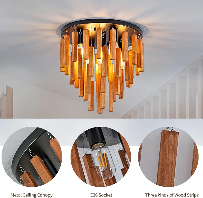 16.6" Farmhouse Ceiling Light, 5-Light Wood Chandelier, Rustic Light Fixture with Wood and Black Metal Finish, Farmhouse Semi Flush Chandelier for Bedroom, Hallway, Entryway, Kitchen