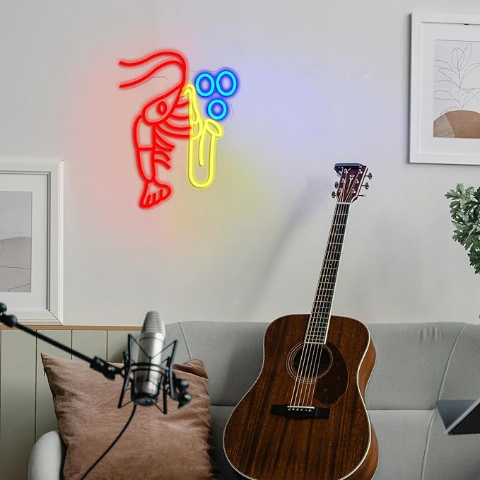 Lobster Saxophone Neon Sign for Wall Decor Jazz Music Neon Light Sign Vintage Jazz Shrimp LED Light Sign for Classroom Office Party Bedroom Man Cave Decor
