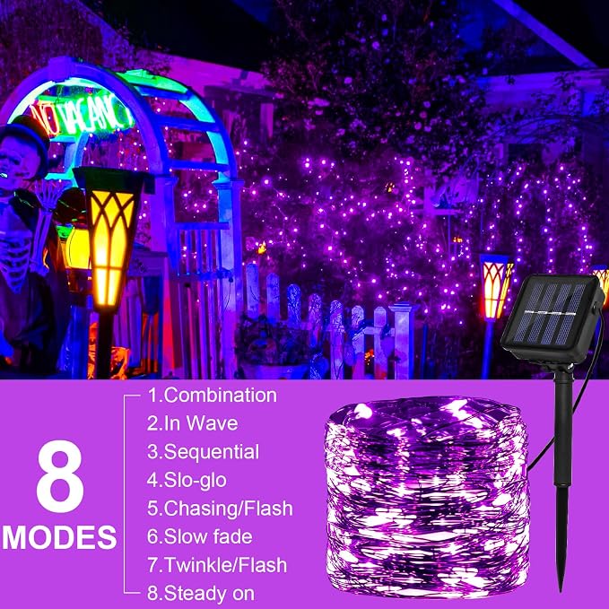 2 Pack Solar Copper Wire String Lights, 200 LED Purple Outdoor Decor | IP65 Waterproof, 8 Lighting Modes, Auto Dusk-to-Dawn, 10-12 Hour Runtime, Flexible Copper Wire, White Light