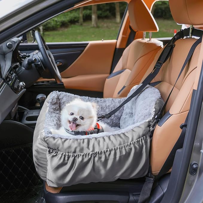 Oiilores Dog Car Seat for Small Dogs, Washable Pet Booster Seats with Clip-On Safety Leash, Comfy Deluxe Plush Carseat with Pockets, Puppy Car Travel Carrier Bed for Dogs Under 25 lbs, Light Grey
