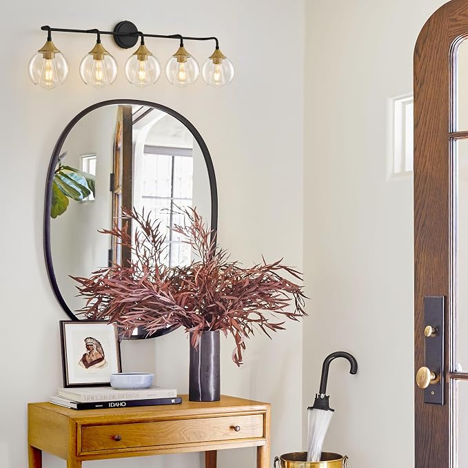 Bathroom Vanity Light 5-Light Black and Gold Vanity Light 39" | Modern Vanity Lighting Fixtures Over Mirror, Thickened Clear Glass Shade, UL E26 Dimmable Vanity Light Fixtures