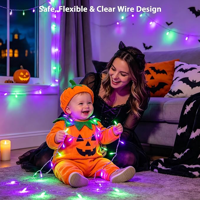 JMEXSUSS 200 LED Purple Green Halloween Lights Indoor Outdoor,Christmas Lights Clear Wire Plug in for Halloween Tree Decorations