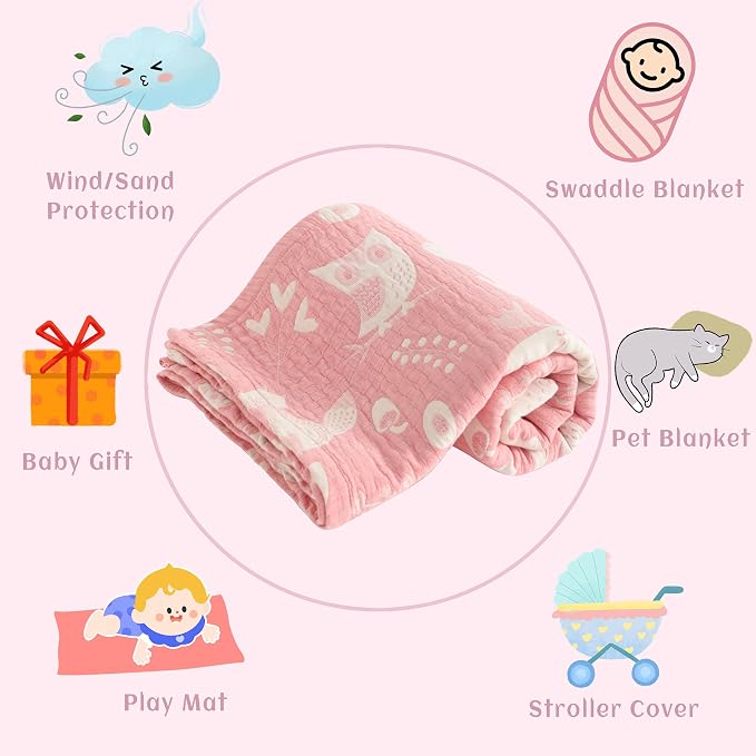 NTBAY 3 Layer Muslin Toddler Blanket, 30 x 40, Pink Owl | Breathable Muslin Cotton Outer Layers with Light Thermal Fill, Reversible for Stroller, Daycare, Travel, and Supervised Use