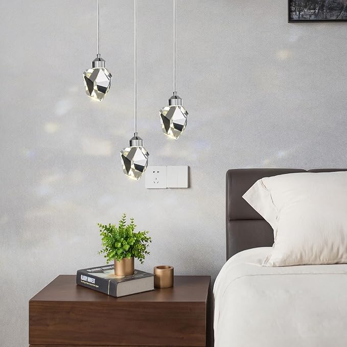 Modern Crystal Pendant Light, 3-Color LED Crystal Pendant Lamp, Adjustable Height Silver Ceiling Hanging Lamp, for Kitchen Island Bedroom Living Room Dining Room Lighting (3-Head Round Base)