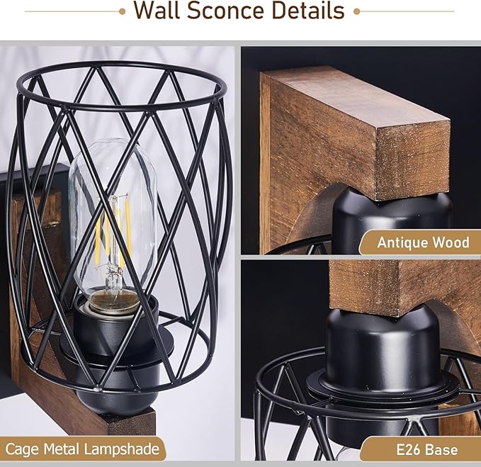 RVONOW 8-Light Farmhouse Bathroom Light Fixtures with Metal Shade | Rustic Bathroom Vanity Light with E26 Base for Bedroom Living Room Hallway, Black