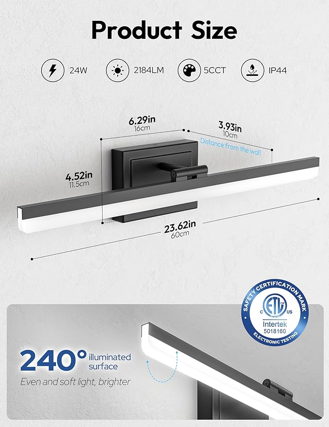 VOLISUN Modern Bathroom Vanity Light 24 inch, 24W Dimmable 5CCT Led Bathroom Light Fixture Over Mirror, Black Bar Vanity Light for Bathrooms Mirror Cabinets Bedroom-ETL Certificated