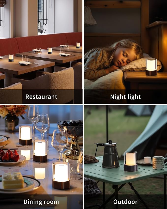 4" Black Cordless Table Lamp 2 Pack, Outdoor Rechargeable Lamp | LED, Battery Operated, Portable, Touch Night Light for Dining Room, Camping, Bar, Party, Bedside, Bedroom, Home Decor, Gift