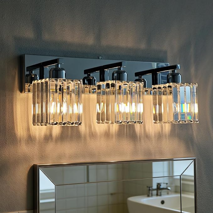 Brushed Chrome Crystal Bathroom Vanity Light, 3-Light Modern Bathroom Lighting Fixtures Over Mirror,Chrome Wall Sconce Light Fixtures with Square Shade