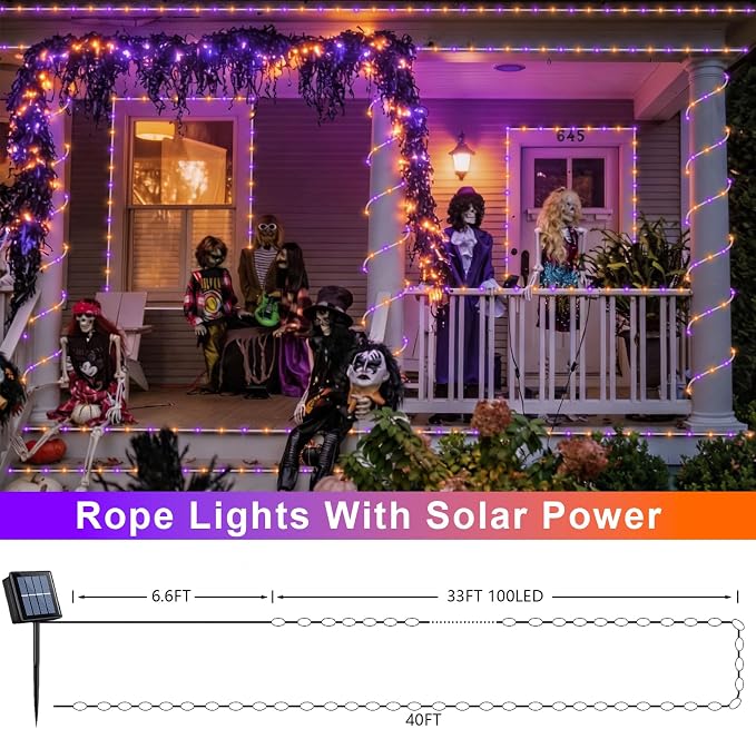 QITONG 2 Pack Solar Halloween Lights, Each 33ft 100 LED Orange and Purple String Lights, 8 Modes Clear PVC Tube Light Outdoor Waterproof