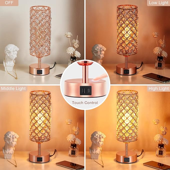 Pink Crystal Table Lamp, 3 Way Dimmable Touch Lamps for Night Stands | Rose Gold, Touch Control, USB C+A Charging Port, Desk Lamps for girls Bedroom, Living Room, Home Office, Room Decor