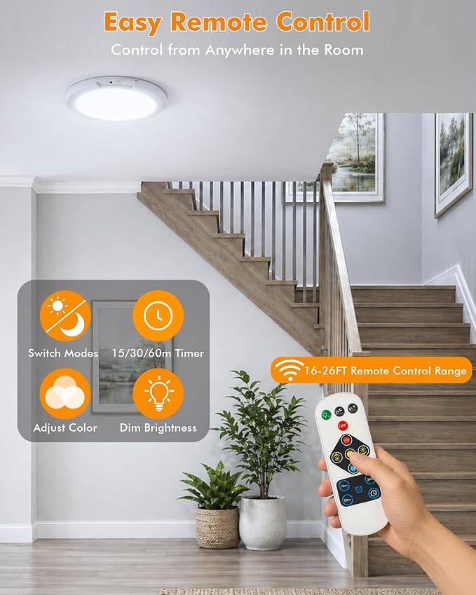 Rechargeable Ceiling Light 6 Pack, Magnetic Motion Sensor with Remote | Wireless Dimmable Battery Operated LED Ceiling Lights for Closet Shower Bathroom Hallway Pantry Shed Porch Stairs