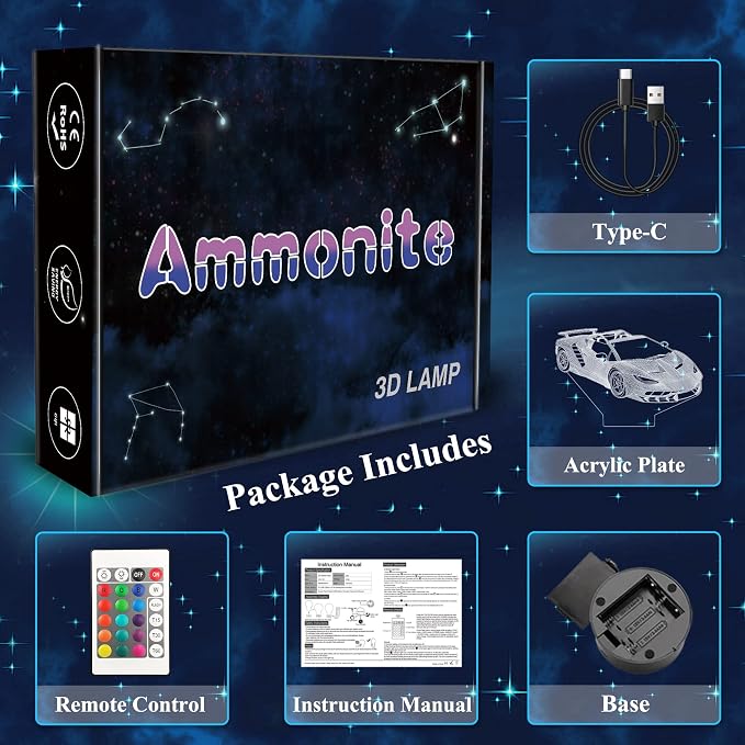 Ammonite Race Car Gifts,3D Car Lamp with Remote Control 16 Colors Changing and Timing Function, Party Supplies Holiday Xmas Birthday Gifts for Kids Child Teen