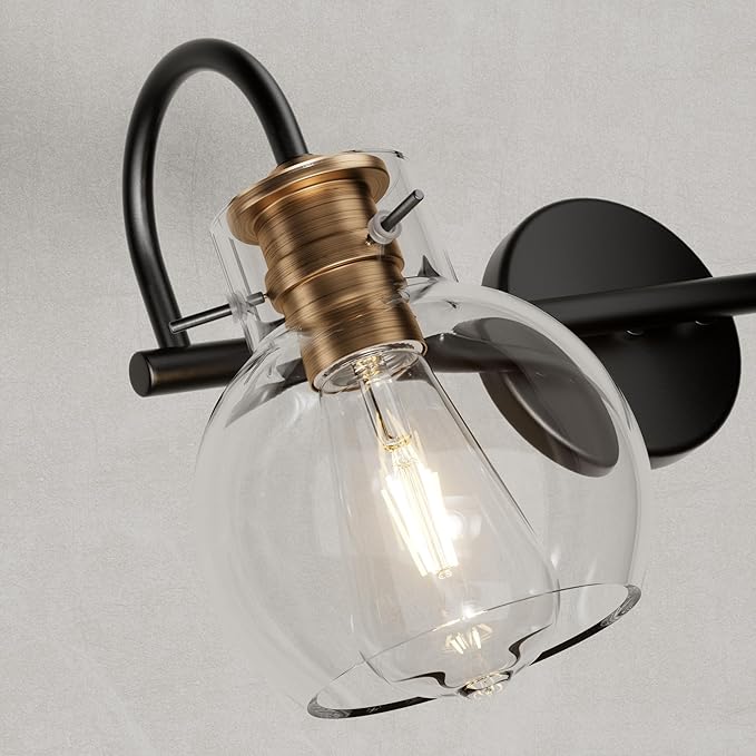 4 Light Bathroom Light, Black and Red Copper Bathroom Vanity Fixtures Over Mirror, Modern Copper Vanity Light with Clear Glass Shade, Black Wall Sconce for Bathroom, Bedroom
