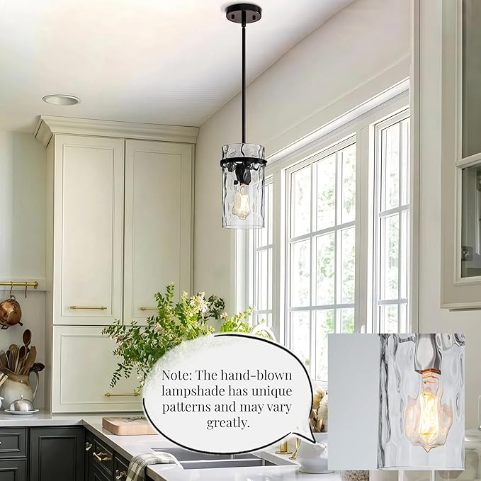 2 Pack 5.5" Black Hammered Hand-Blown Glass Pendant Light Farmhouse Black Pendant Light, Hammered Glass Pendant Light Fixtures Dining Room Light Adjustable Pendant Lighting Over Sink