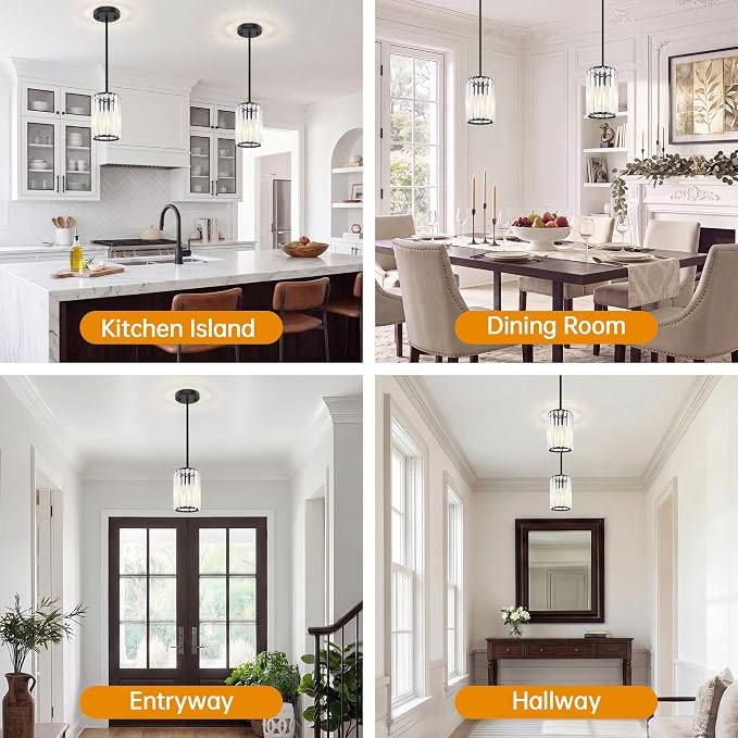 Black Pendant Light, Modern Crystal Pendant Lights Kitchen Island, Kitchen Island Lighting with Adjustable Height, UL Certified Island Lights for Kitchen Dining Room Bedroom Hallway 2 Pack
