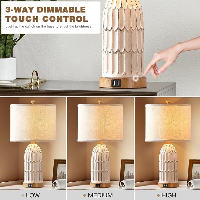 Farmhouse Table Lamps Set of 2,Nightstand Bedside Lamps for Bedroom | 3-Way Dimmable Touch Control,2 USB Charging Ports,Boho,White, Vintage, LED Bulbs Included, Living Room,End Table