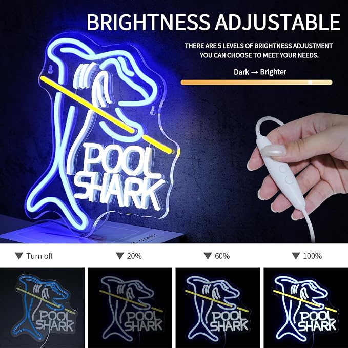 Pool Shark Neon Sign for Wall Decor Dimmable Led Lights Signs Billiards LED Signs for Game Room Shark Neon Light Room Decor for Bar Pub Club Man Cave Decoration Boys Gift