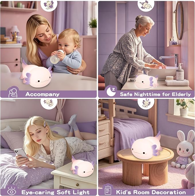FAMIDUO Purple Axolotl Night Light for Kids,LED Squishy Bedside Touch Lamp | BPA-Free Soft Silicone,Dimmable,20Min Timer,Rechargeable Nursery Light, Girls Room Decor,Cute Gifts for Mom Baby Toddler