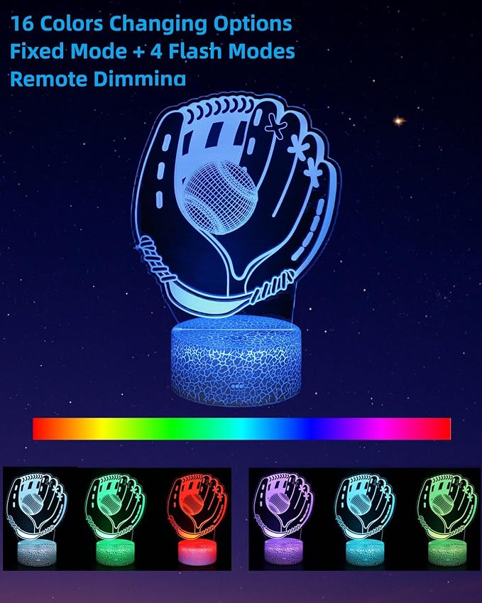 Baseball 3D Illusion Night Light, 3 Patterns, Lamp Gift for Kid | 16 Colors Changing, Dimmable, Touch & Remote Control, Boy Girl Bedroom Room Décor, Birthday Christmas Toy Teen Sports Fan