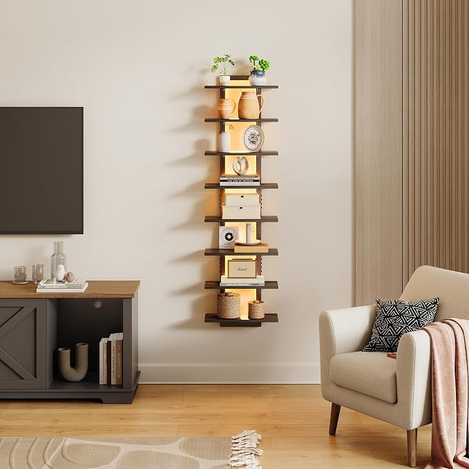 8 Tier Wall Shelf Unit Floating Shelves with LED Light, Vertical Wall Shelf, Wall Mounted Display Shelf for Living Room, Bedroom, Vanity, 15" W x 5.9" D x 58.3" H, Black
