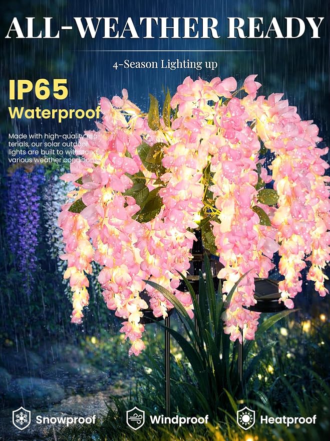 GIGALUMI 3 Pack Solar Wisteria Flowers Outdoor, 2 Modes, Pink | Flower Lights, IP65 Waterproof, Auto On/Off, Solar Powered, Garden Decor, for Pathway, Yard, Patio, Gardening Gifts for Women